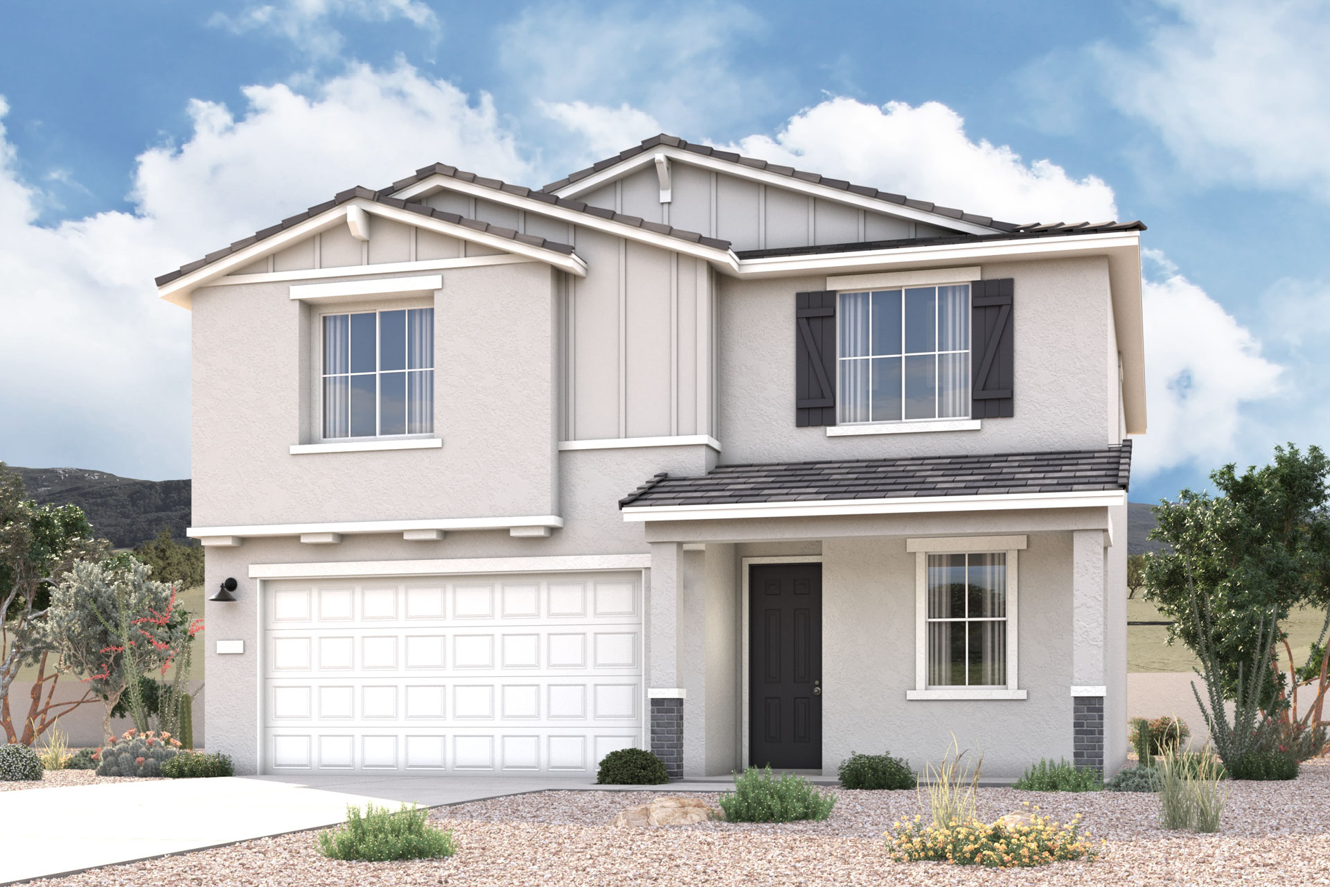 Farmhouse exterior elevation rendering of 1 story 3-5 bedroom New Home floor plan in Maricopa AZ USDA Loan VA Loan Eligible Near 347 with community amenities near park