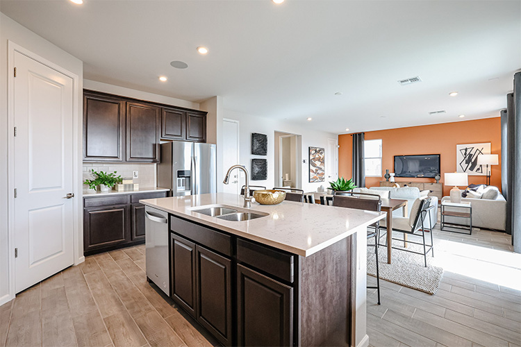 A kitchen with a large island.