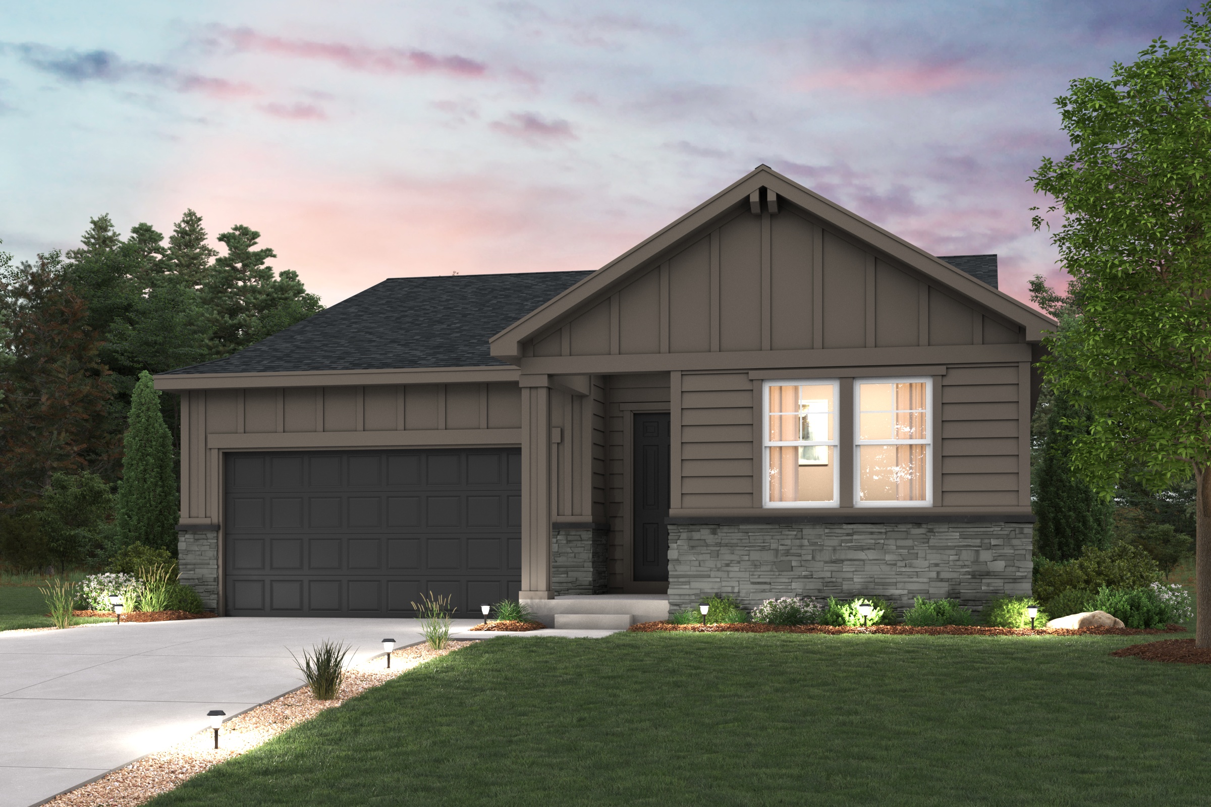 Livingston Elevation C rendering image with home illustration with landscaping and driveway
