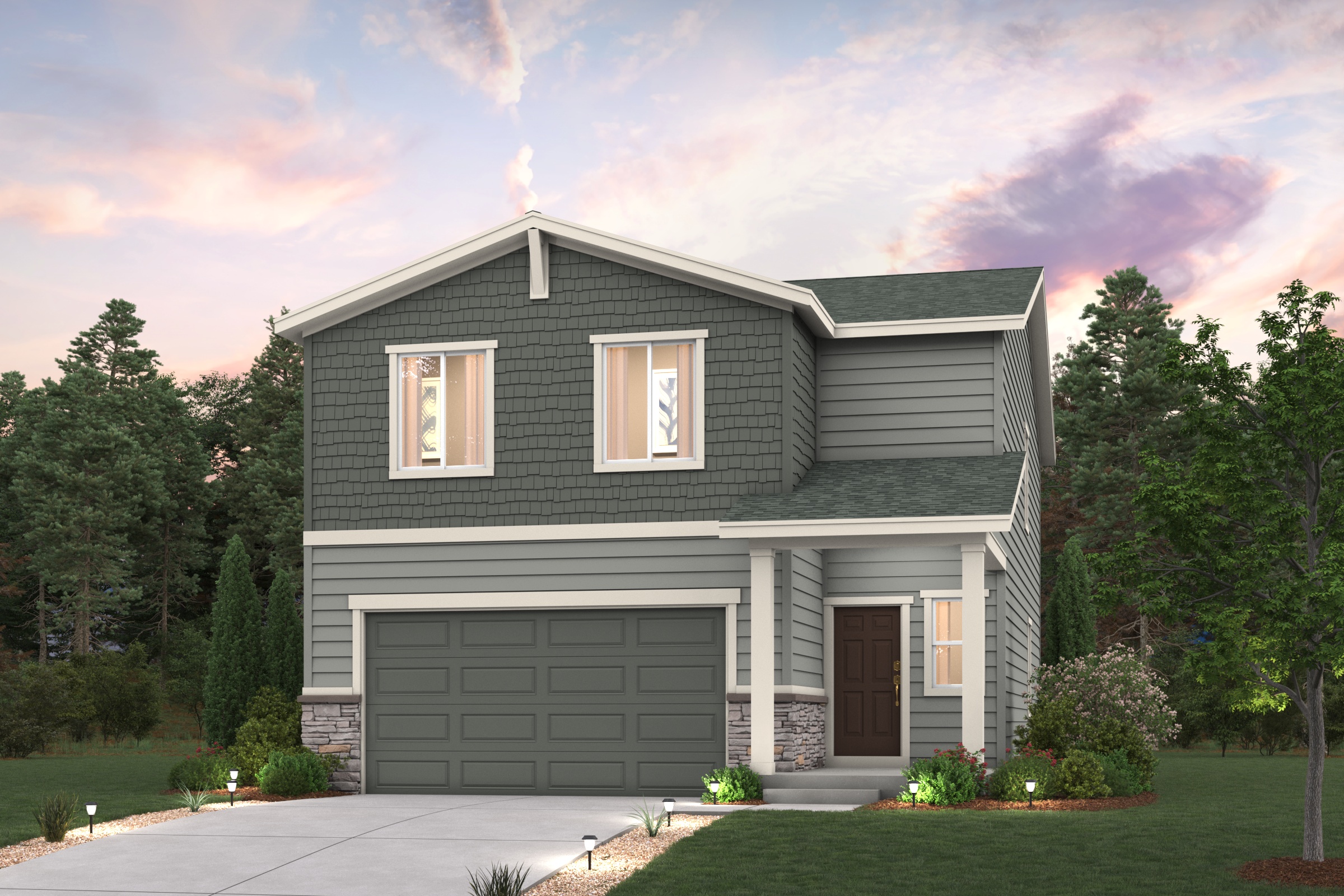 Ponderosa floorplan exterior home rendered image with landscaping Elevation B