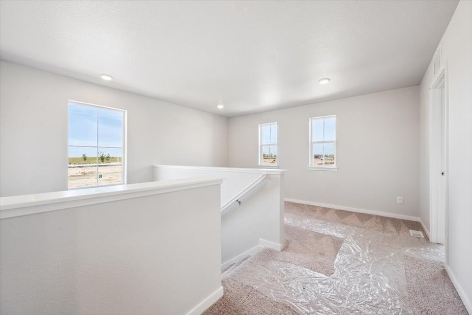 A large white room with a bathtub and a rug.