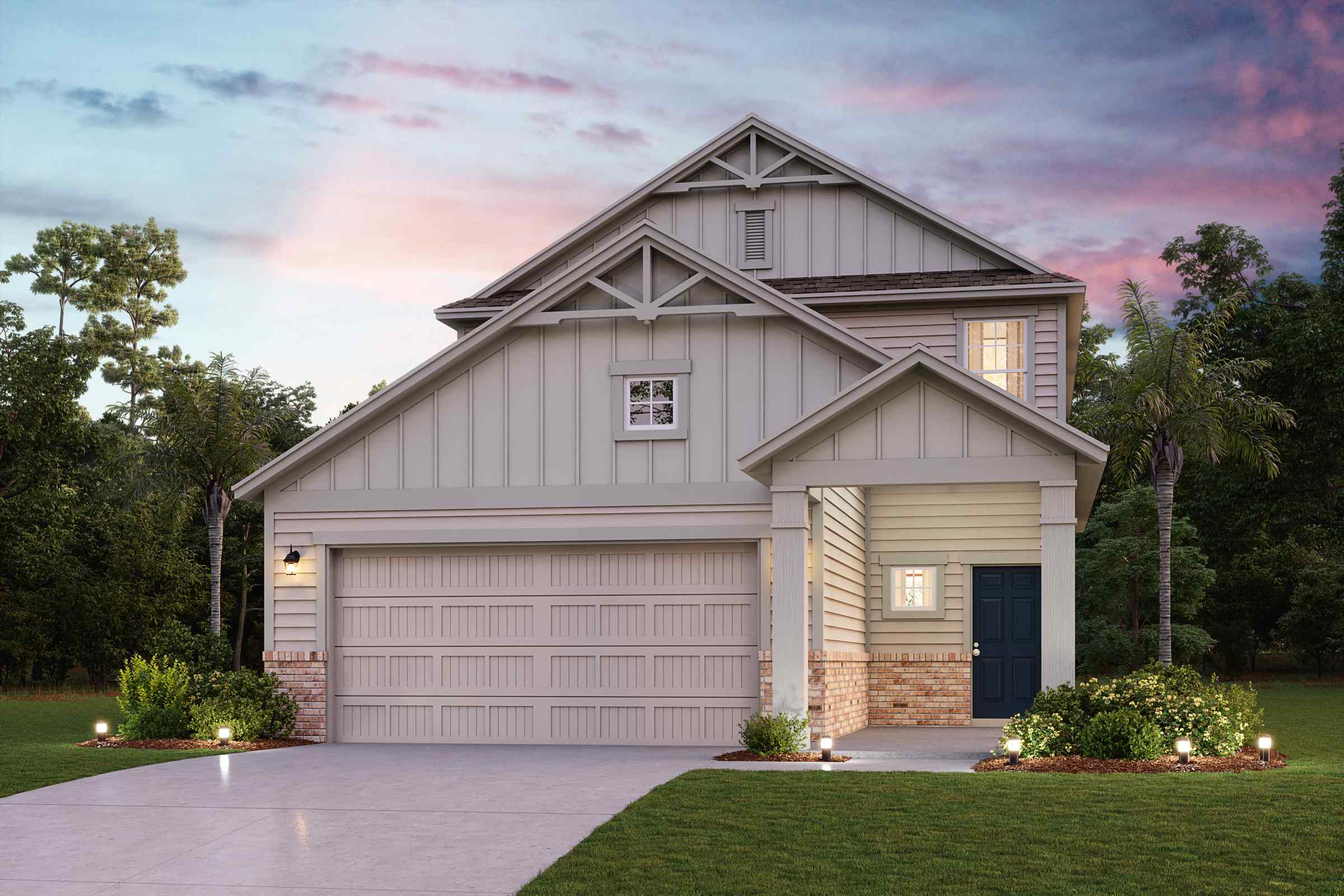 A house with a driveway with American Gothic House in the background.