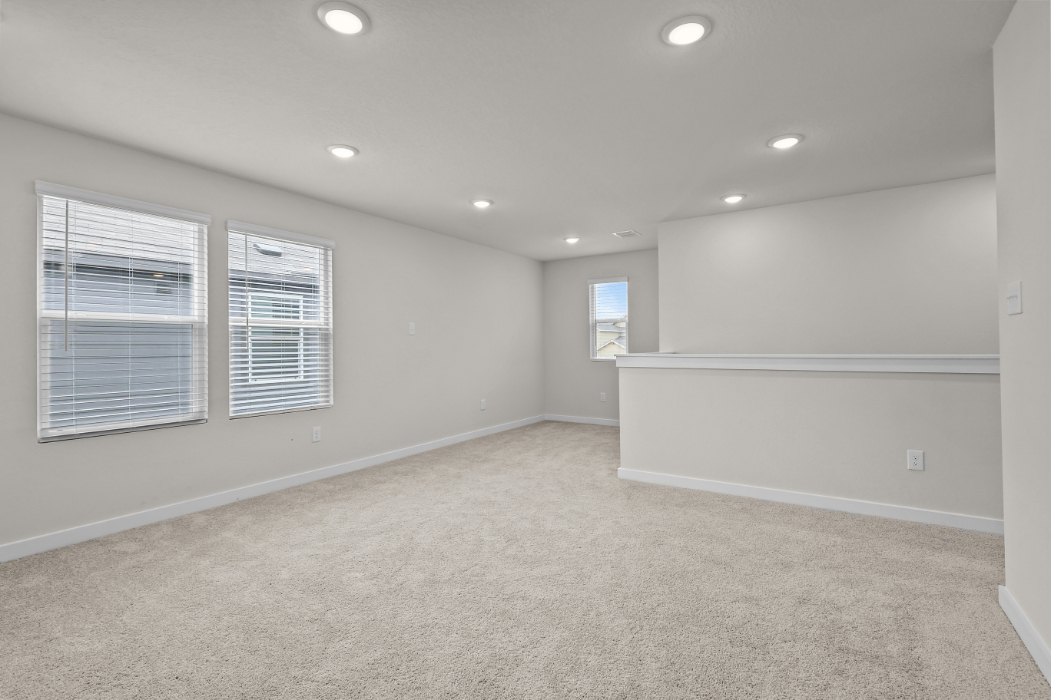 A room with white walls and a carpeted floor.