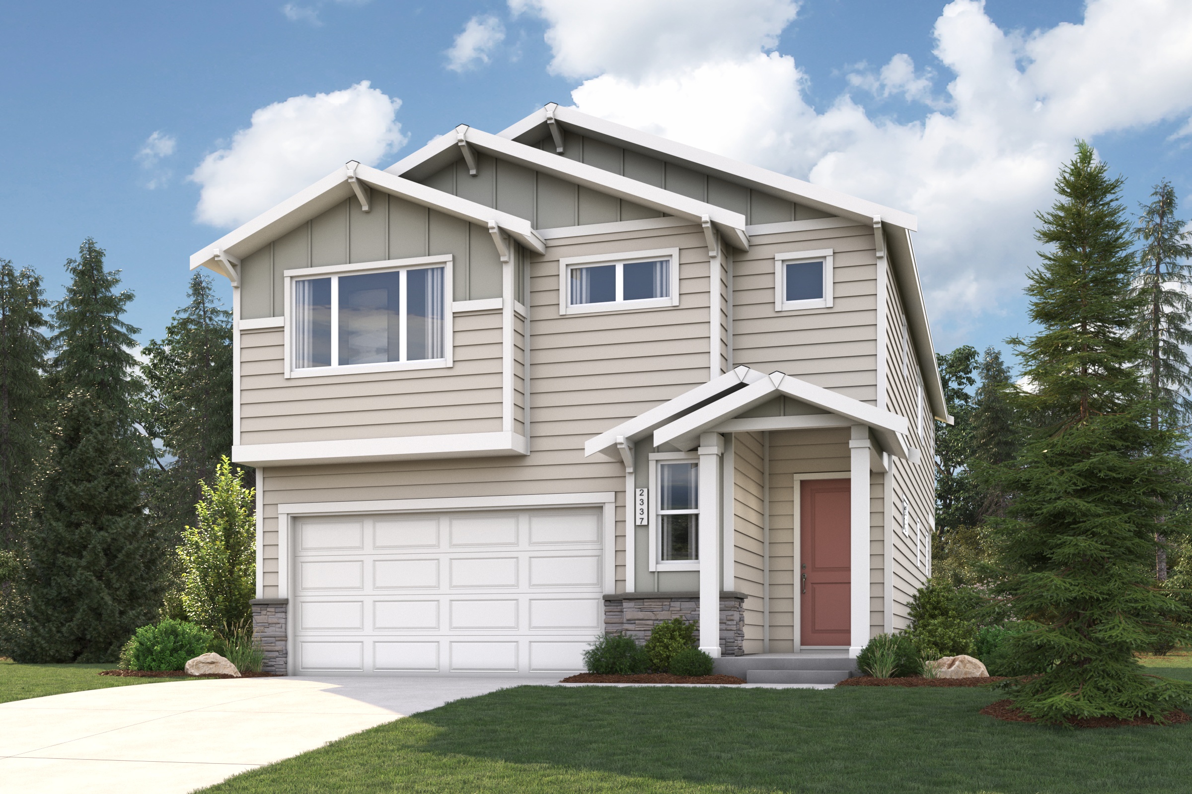 A house with a garage and trees.