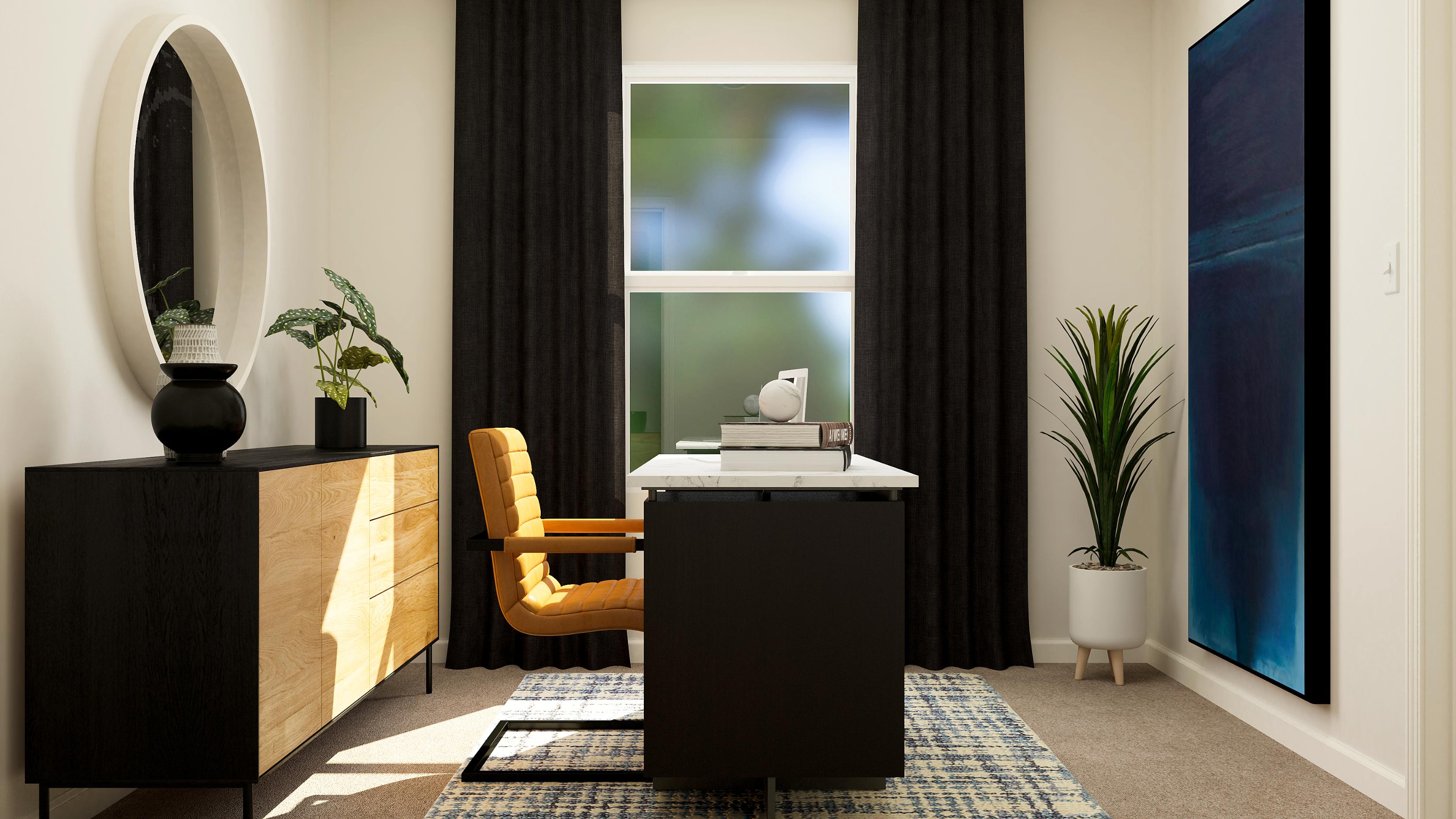 A room with a desk and chairs.