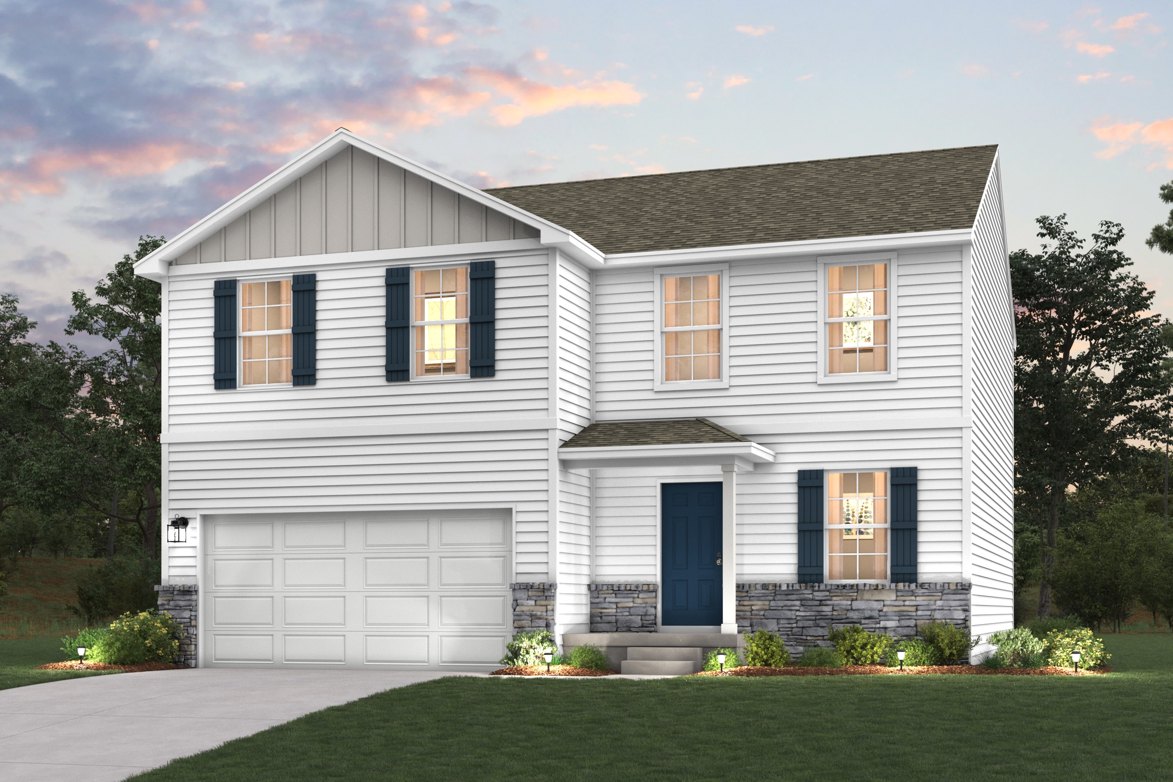 A white house with a garage.